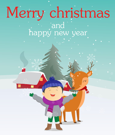 Christmas greeting card of a boy with his reindeerのイラスト素材