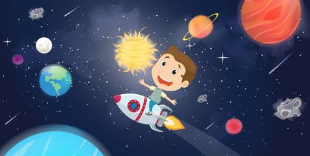 happy kids riding a spaceshipのイラスト素材