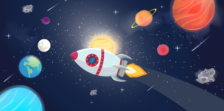Illustration of flying rocket spacer with space galaxy and planetsのイラスト素材