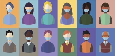Minimalistic images of people in blue medical masks, woman and man face icon, avatars with flat...