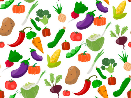 Pattern, seamless background with images of vegetables such as carrots, potatoes, beets, cabbage,...