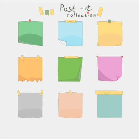 Hand drawn adhesive notes with push pin and paper clip convenient for writing in vector graphicのイラスト素材