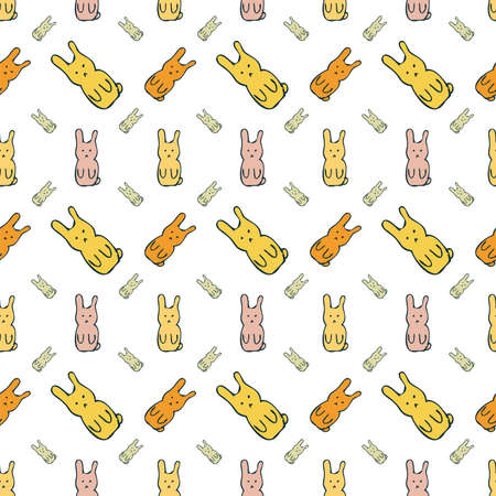 Vector Seamless Pattern in the form of cute rabbits on a white background, hares of different colors for children, vector design for fabric. Vector illustrationのイラスト素材