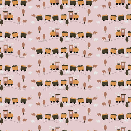 Shape Seamless pattern with cute steam, trees and sheep, steam locomotives in pastel colors for children, prints with a train. Vector illustrationのイラスト素材