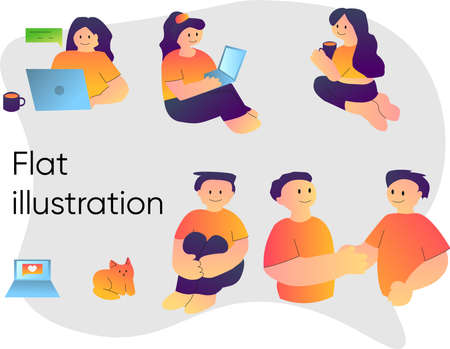 people in flat style illustration sit, work at the computer, drink tea, set of 7 illustrations. Vector illustrationのイラスト素材