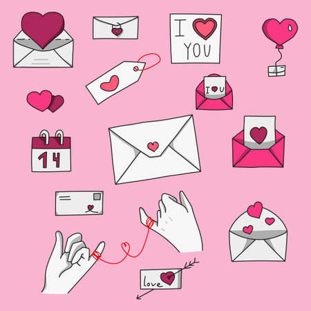 set of doodle elements for valentines day. Letters, declarations of love, cupcakes, a jar of hearts, balloons, love, postcards, hugs, the red thread of fate, a calendar. Vector illustrationのイラスト素材