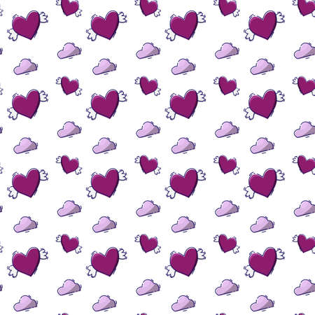 seamless pattern for valentines day. Bright red hearts flying in the clouds. Love is in the sky. MBE style. For decorative design. Vector illustrationのイラスト素材