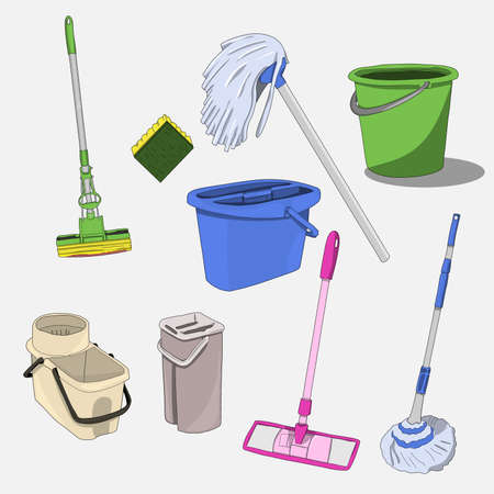 Vector set of mops and buckets for cleaning indoors and outdoors. For mopping and cleaning visits.のイラスト素材