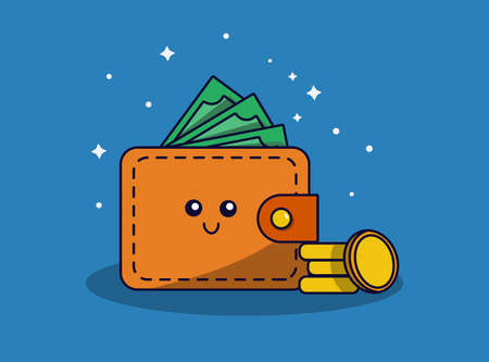Cute wallet with money and coins in flat style. vector illustrationのイラスト素材