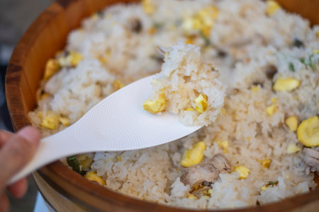 Rice with  chestnuts, Japanese style food.の写真素材