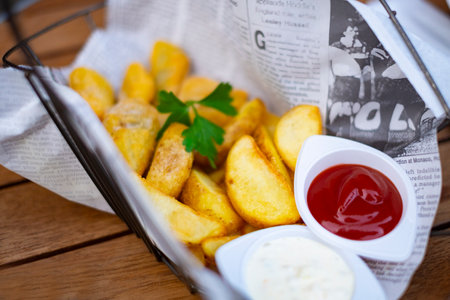 French fries in a basket with ketchup and mayonnaise.の写真素材