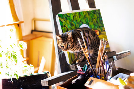 Beautiful bengal cat sitting in front of easel and paintingの写真素材
