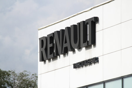 Kazan, Russian Federation - Jun 5, 2018: Renault dealership sign against blue sky. Renault is known...