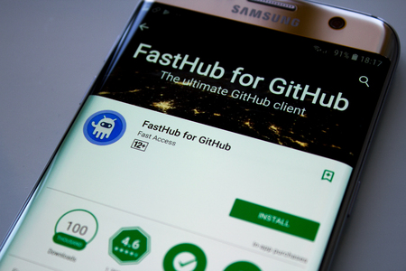 Kazan, Russian Federation - Jun 15, 2018: GitHub website on smartphone. GitHub is a web-based Git repository hosting service.のeditorial素材