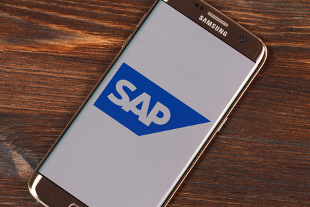 Kazan, Russian Federation - Aug 5, 2018: SAP SE website displayed on smartphoneのeditorial素材