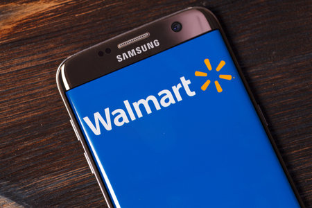 Kazan, Russian Federation - Aug 5, 2018: Walmart app logo on Samsung Galaxy S7 Edge phone screen