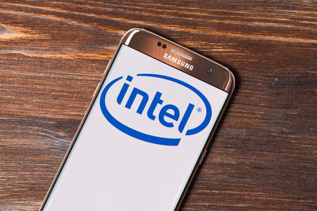 Kazan, Russian Federation - Aug 5, 2018: Intel Corporation logo on the Intel PC motherboard box.のeditorial素材