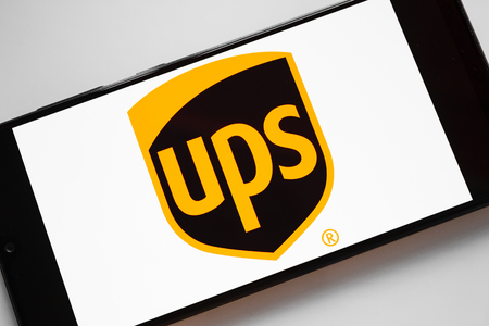 RUSSIA, KAZAN MAY 1, 2019: United Parcel Service, UPS logo on the phone screen on a white backgroundのeditorial素材