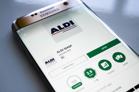 Kazan, Russian Federation - Jun 15, 2018: Aldi logo on a wall. Aldi is a leading global discount supermarket chain with over 10 000 stores in 18 countriesのeditorial素材