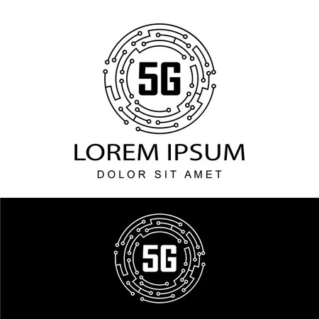 5G logo network speed circuit technology illustration in isolated white background, broadband telecommunication wireless internet conceptのイラスト素材