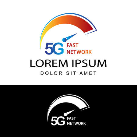 5G logo network speed circuit technology illustration in isolated white background, broadband telecommunication wireless internet conceptのイラスト素材