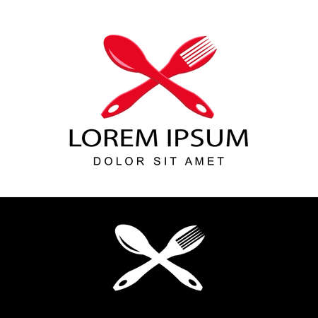 Food logo template design vector in isolated background. Graphic fork and spoon icon symbol for cafe, restaurant, cooking business. Modern linear catering label, emblem, badgeのイラスト素材
