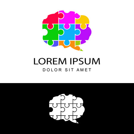 Brain puzzle logo template design vector in isolated background. Autism awareness concept logo for charitable organization, medical or wellness center.のイラスト素材