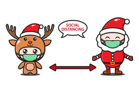Santa Claus and Deer social distancing illustrationのイラスト素材