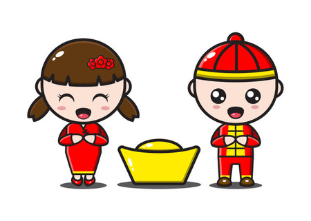 cute chinese couple with gold in chinese new yearのイラスト素材