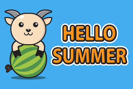 cute mascot goat hugging watermelon with hello summer greeting bannerのイラスト素材