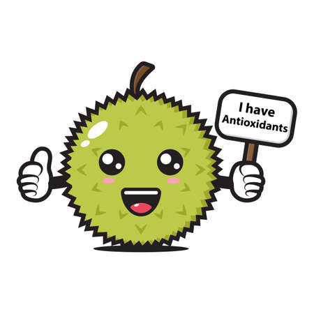 cute durian mascot holding a sign saying I have antioxidantsのイラスト素材