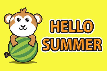 cute mascot monkey hugging watermelon with hello summer greeting bannerのイラスト素材