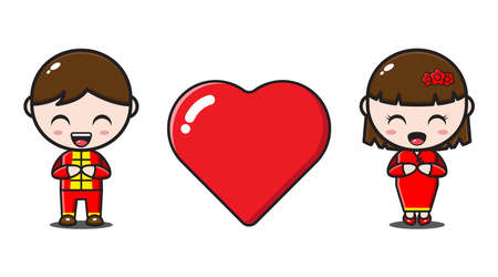 cute chinese couple with love in valentine dayのイラスト素材