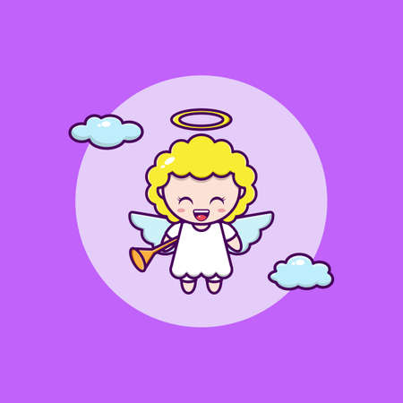 cartoon illustration of cute angel flying with trumpetのイラスト素材