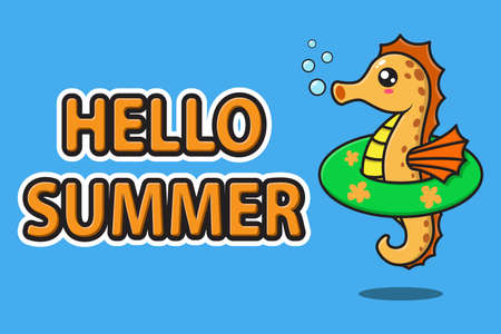 seahorse cute mascot wearing rubber swimming ring with hello summer greeting bannerのイラスト素材