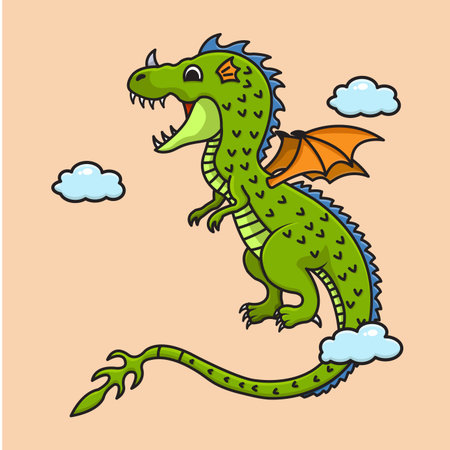 cartoon cute green dragon flying illustrationのイラスト素材