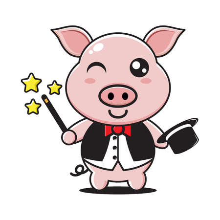 cute pig magician mascot in white backgroundのイラスト素材