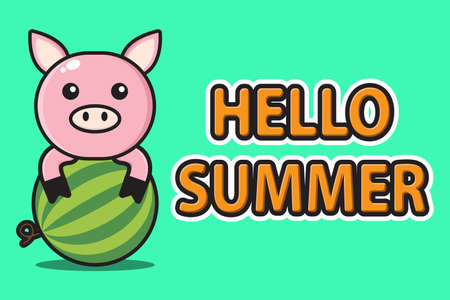 cute mascot pig hugging watermelon with hello summer greeting bannerのイラスト素材