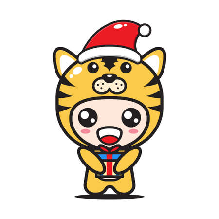 cute cartoon tiger with christmas giftのイラスト素材