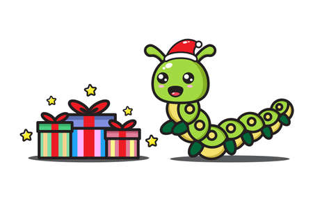 cute cartoon caterpillar with christmas giftのイラスト素材
