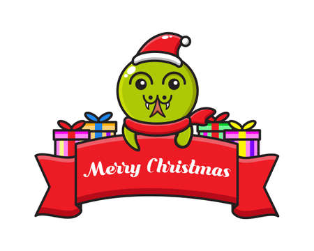 cute cartoon snake with christmas greeting ribbonのイラスト素材