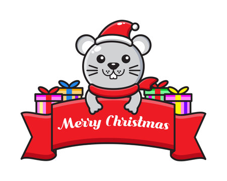 cute cartoon mouse with christmas greeting ribbonのイラスト素材