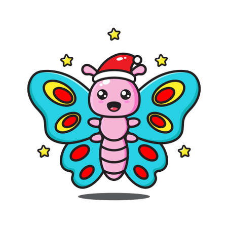 cute cartoon butterfly celebrating christmasのイラスト素材
