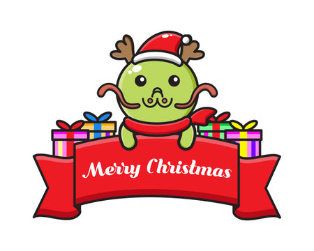 cute cartoon dragon with christmas greeting ribbonのイラスト素材