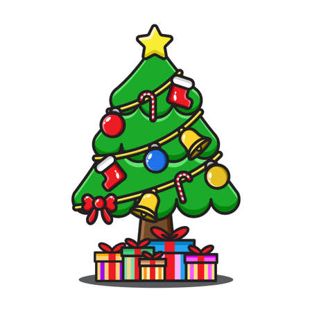 christmas tree cartoon with gift element designのイラスト素材