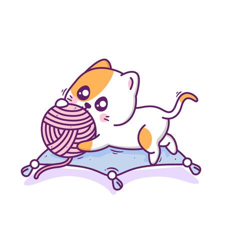 cute happy cat playing yarn ballのイラスト素材