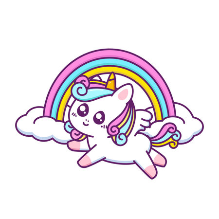 cute happy unicorn flying with rainbowのイラスト素材
