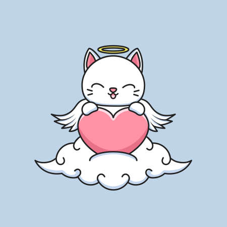 Cute cupid cat with big heart in the cloudのイラスト素材