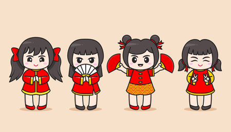 group of chinese girls in red costumeのイラスト素材