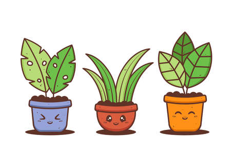 group of cute pot of plant with various different expressionのイラスト素材